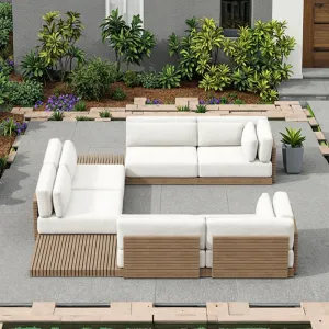 Modern Solid Teak Wood L-Shaped Outdoor Garden Sofa Set with Waterproof Cushions-Durable Eco-Friendly for Living Room Backyard