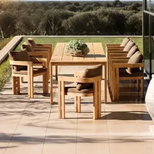 Modern Teak Outdoor Dining Set for Villa Patio Waterproof Quick-Dry Cushions Customized Color Durable UV-Resistant Construction