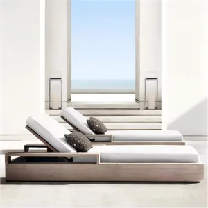 Modern Villa Outdoor Teak Sun Lounger Chair with UV Resistant Waterproof Cushion for Hotel Swimming Pool Beach Use