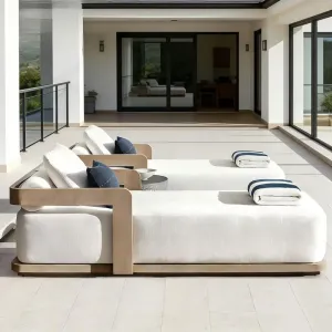 Modern Villa Outdoor Teak Sun Lounger Chair with UV Resistant Water-Resistant Cushion for Courtyard Beach Swimming Pool