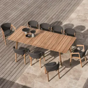 Modern Waterproof Extendable Teak Dining Table Set 2-12 Seater with Parasol Hole for Outdoor Farmhouse Living Room Hotel Use