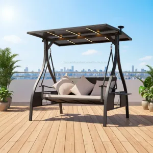 Stylish 3-Seater Metal Patio Furniture Durable Outdoor Leisure Swing Canopy Gazebo Bed Frame Queen Size Home Cushions Pergola