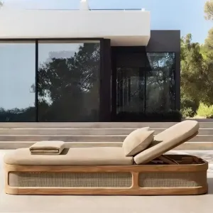 Sustainable Solid Teak Wood Outdoor Sunbed for Luxury Villa Poolside Garden and Contemporary Resort Hotel Patio Deck Area