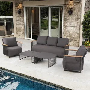 Luxury Modern Outdoor Rattan Sofa Set Solid Teak Wood with Aluminum Frame for Patio Hotels Gardens Courtyards