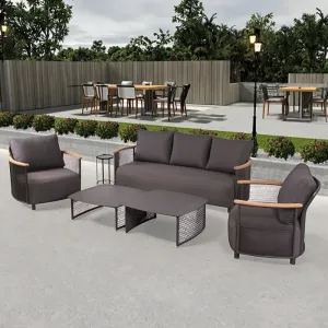 Luxury Modern Outdoor Rattan Sofa Set Solid Teak Wood with Aluminum Frame for Patio Hotels Gardens Courtyards Restaurants