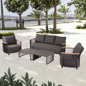 Luxury Modern Waterproof Outdoor Solid Teak Rattan Sofa Set for Patio Hotels Gardens
