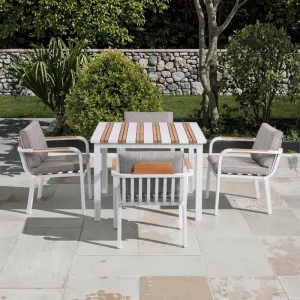 Modern Luxury Aluminium Patio Dining Set 4 Chairs and Table for Backyard Garden Teak Wood Frame Feature