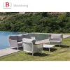 Modern Luxury Garden Sofa Set Aluminum Frame with Teak Arms Outdoor Fabric Stylish Design