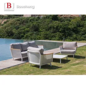 Modern Luxury Garden Sofa Set Aluminum Frame with Teak Arms Outdoor Fabric Stylish Design
