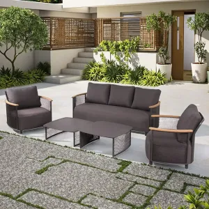 Modern Luxury Solid Teak Rattan Sofa Set Waterproof Outdoor Furniture for Patio Hotels Gardens Contemporary Leisure for Villas