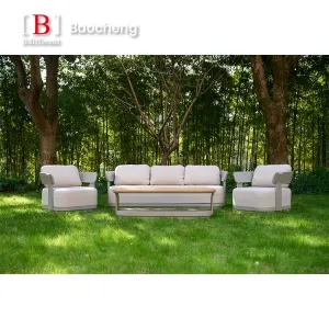 Modern Outdoor Sofa Set Waterproof Teak Wood Furniture With Fabric Cushions for Garden Patio or Hotel Use