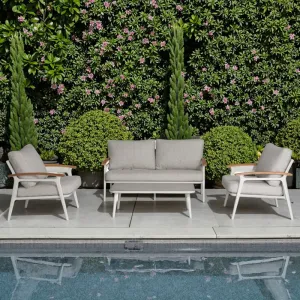 Modern 4 PCS Aluminum Lounge Sofa Set With Teakwood Patio Furniture New Style for Hotel Villa Courtyard Outdoor Garden Use