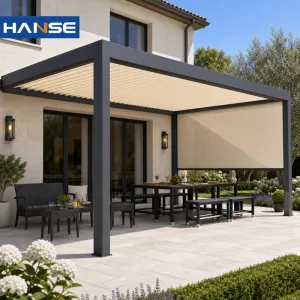Aluminum Powder Coated Pergola Large Size Motorized Adjustable Roof All Season Outdoor Shade for Club Hotel OEM Project Supply