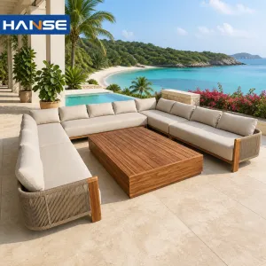 Boutique Beach Villa Rental Outdoor Teak Sofa Loveseat Set Fade Resistant Cushion Balcony Patio Garden Furniture