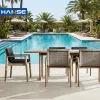 Classic Modern Dining Garden Table Chairs Set Wood Rattan Weather Resistant Outdoor Furniture for Bedroom Courtyard