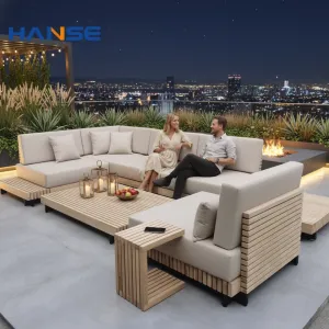 Custom Modern Outdoor Patio Wood Tuft Sofa Furniture Patio-furniture Set Rattan Sofa Set Bed Combination
