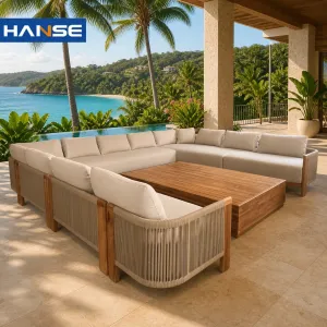 Factory Direct Modern Outdoor Solid Teak Sofa Set Rattan Blend Durable Hotel Courtyard Beach House Terrace Furniture Bulk
