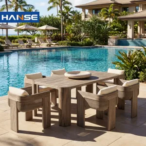 Foshan Restaurant Terrace Modular Sitting Rattan Backyard Wood Garden Seating Set Dinning Set With 6 Chairs Dining Table