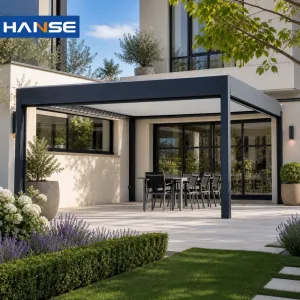 Modern Outdoor Garden Sun Shelter Screen with Grey Wall Pergola Metal Roof Terrace Waterproof for Outdoor Furniture