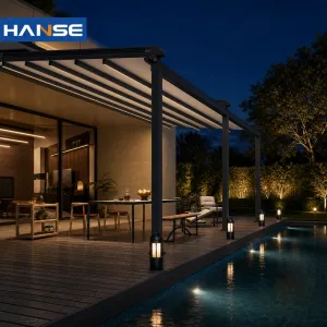 Luxury Bioclimatic Aluminum Pergola Motor Control Waterproof Outdoor Shade Gazebo Matching Outdoor Dining Table Chair Set