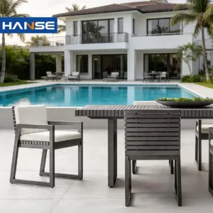 Luxury Modern Bistro Outdoor Pool Aluminum Dining Tables and Chair Set 6 Seater for Hotel Courtyard Use