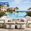 Luxury Modern Garden Furniture Set Waterproof Rattan Rope Wicker Fire Pit Patio Couch Sectional Teak Wood Aluminum Outdoor Sofa