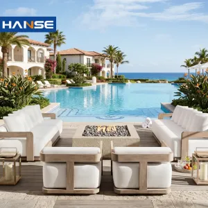 Luxury Modern Garden Furniture Set Waterproof Rattan Rope Wicker Fire Pit Patio Couch Sectional Teak Wood Aluminum Outdoor Sofa