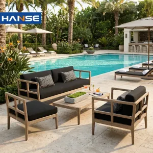 Modern Luxury Wood Patio Furniture Set with Waterproof Cushions for Outdoor Living Room Garden Hotel Courtyard Use