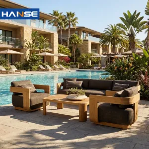 Modern Luxury Wooden Outdoor Sofa Set Teak Patio Conversation Sets for Resort Hotel Villa Courtyard Living Room Use