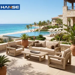 New Design Modern Outdoor Sofa Set Solid Teak Wood Durable Waterproof Cushions for Hotel Farmhouse Use