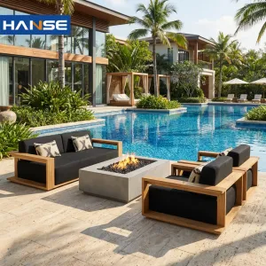 Outdoor Furniture Waterproof Hotel Villa Teak Wood Frame Rattan Wicker Patio Garden Sofa Sets