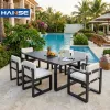 Outdoor Picnic Patio Dining Rattan Table and 6 Stack-able Chairs Garden Bistro Furniture Set With Umbrella