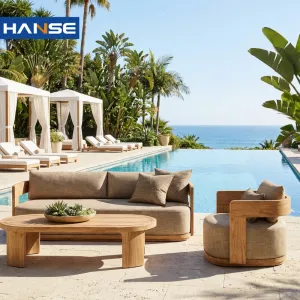 Patio Furniture Luxury Wicker and Hardwood Polyethylene Rattan Solid Teak Wood Outdoor Sofa Furniture