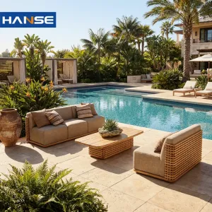 Premium Tropical Patio Garden Furniture Set Reclining Solid Wood Sofa with All-Weather Cushions for Caribbean Island Villa