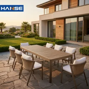 Resort Villa Hotel Luxury Outdoor Teak Wood Garden Dining Set Weather-Resistant Solid Wooden Patio Furniture Table and Chairs