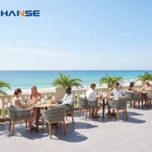 Retro Style Resort Restaurant Outdoor Dining Table and Chair Plastic Rattan Woven Antique Wicker Outdoor Furniture