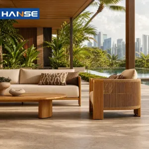 Solid Teak Wood Frame Outdoor Sofa Set 6 Seater L Shape Sectional Quick Dry Foam Cushion Caribbean Patio Garden Furniture