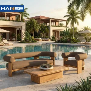 Top Grade Durable Handcrafted Solid Teak Wood Hotel Outdoor Sectional Sofa UV Resistant Poolside with Removable Cushions