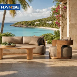 Tropical Resort Villa Poolside Solid Teak Outdoor Sofa Set Weather Resistant 4 Seater Patio Sectional Sofa